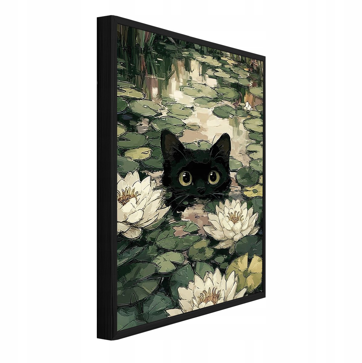 WALLARENA Schilderij met reliëf 120x80 cm - zwarte lijst - kat met lelies in sprookjesstijl - woonkamer en slaapkamer Groen