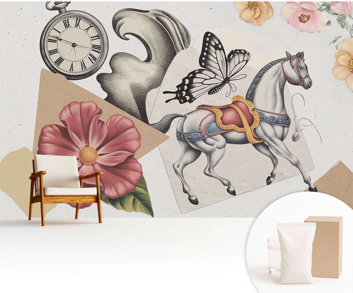 Wallfluent Fotobehang - Grijs Vliesbehang - 416x254 cm - Vintage Bloemen Muurschildering - Slaapkamer behang Deel - Fotobehang Vlies - Slaapkamer behang