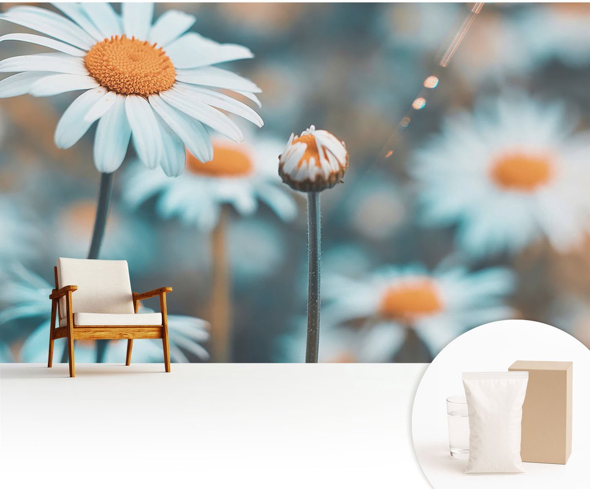 Wallfluent Fotobehang - Blauw Vliesbehang - 416x254 cm - Kamille Delicatesse Fotobehang Vlies - Woonkamer behang Bloemen En Planten - Muurschildering - Woonkamer behang