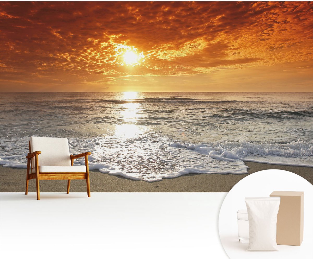 Wallfluent Fotobehang - Geel Vliesbehang - 416x254 cm - Oceaangolven Fotobehang Vlies - Woonkamer behang Landschappen - Muurschildering - Hal behang