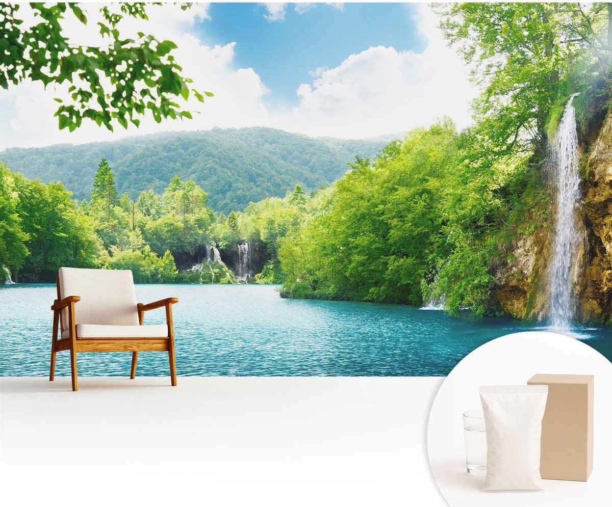 Wallfluent Fotobehang - Groente Vliesbehang - 416x254 cm - Natuurlijke Waterval Muurschildering - Slaapkamer behang Landschappen - Fotobehang Vlies - Slaapkamer behang