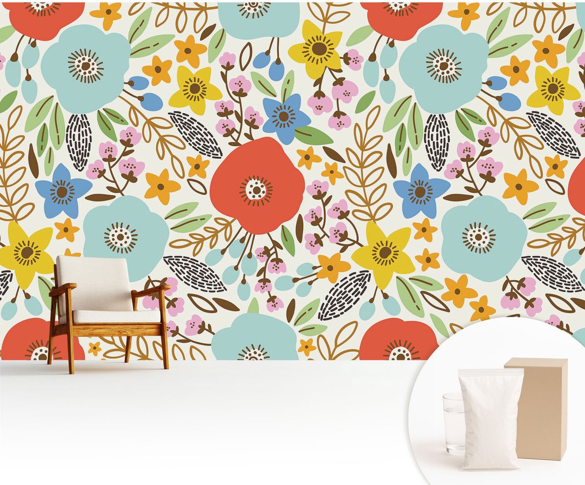 Wallfluent Fotobehang - Blauw Vliesbehang - 416x254 cm - Bloemenpatroon Muurschildering - Slaapkamer behang Bloemen En Planten - Fotobehang Vlies - Gang behang