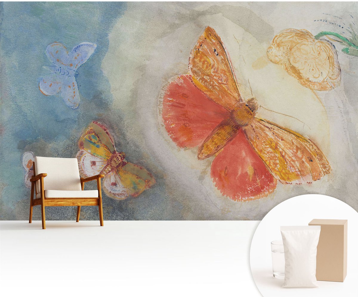 Wallfluent Fotobehang - Oranje Vliesbehang - 416x254 cm - Kleurrijke Vlinders Fotobehang Vlies - Woonkamer behang Deel - Muurschildering - Woonkamer behang
