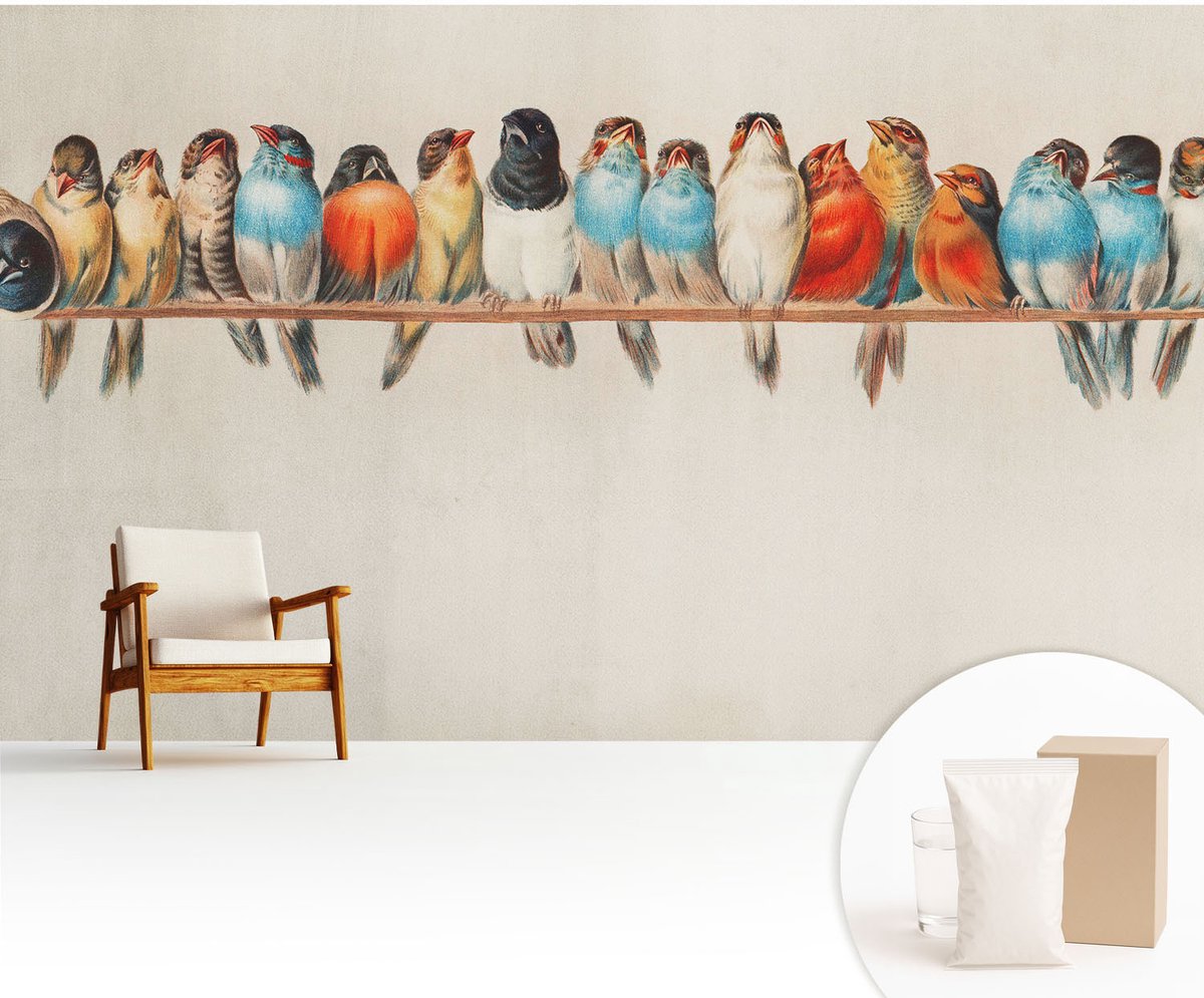 Wallfluent Fotobehang - Blauw Vliesbehang - 416x254 cm - Vogels Op Een Tak Fotobehang Vlies - Hal behang Dieren - Muurschildering - Woonkamer behang