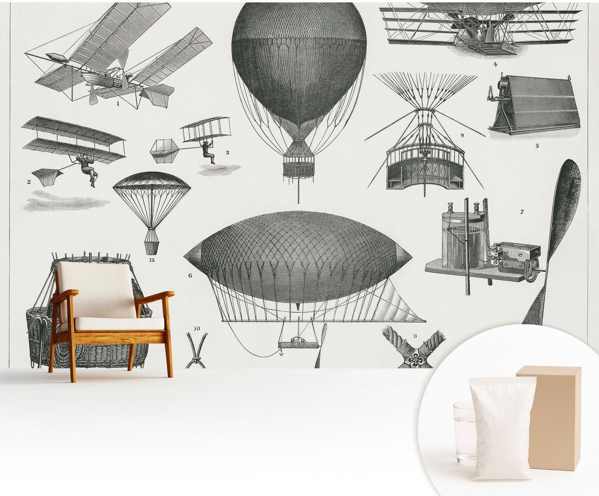 Wallfluent Fotobehang - Zwart Vliesbehang - 416x254 cm - Geschiedenis Van De Luchtvaart Muurschildering - Gang behang Deel - Fotobehang Vlies - Slaapkamer behang