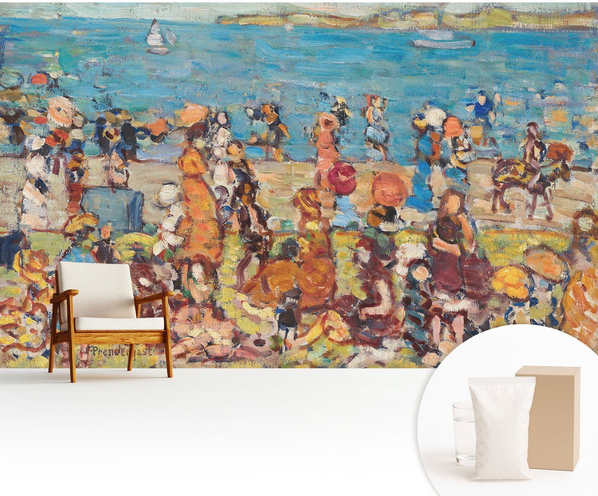 Wallfluent Fotobehang - Blauw Vliesbehang - 416x254 cm - Strandscène Muurschildering - Gang behang Mensen - Fotobehang Vlies - Slaapkamer behang