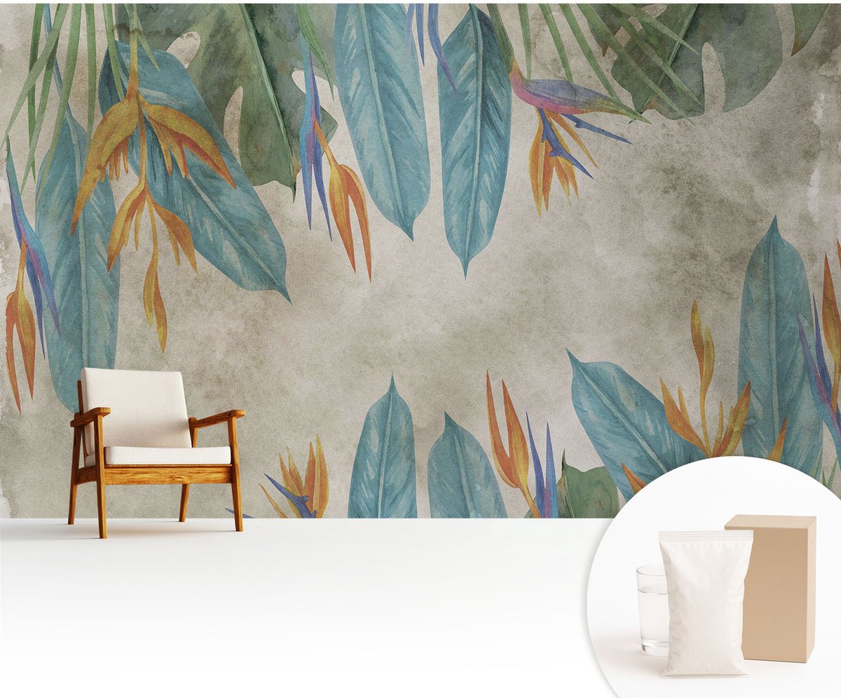 Wallfluent Fotobehang - Blauw Vliesbehang - 416x254 cm - Tropische Bloemen Fotobehang Vlies - Hal behang Bloemen En Planten - Muurschildering - Woonkamer behang
