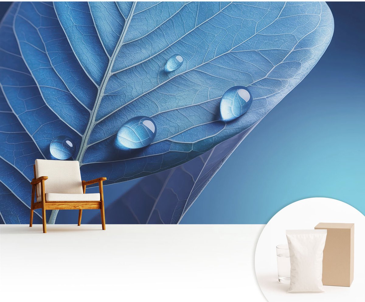 Wallfluent Fotobehang - Blauw Vliesbehang - 416x254 cm - Blauw Blad Muurschildering - Gang behang Bloemen En Planten - Fotobehang Vlies - Slaapkamer behang