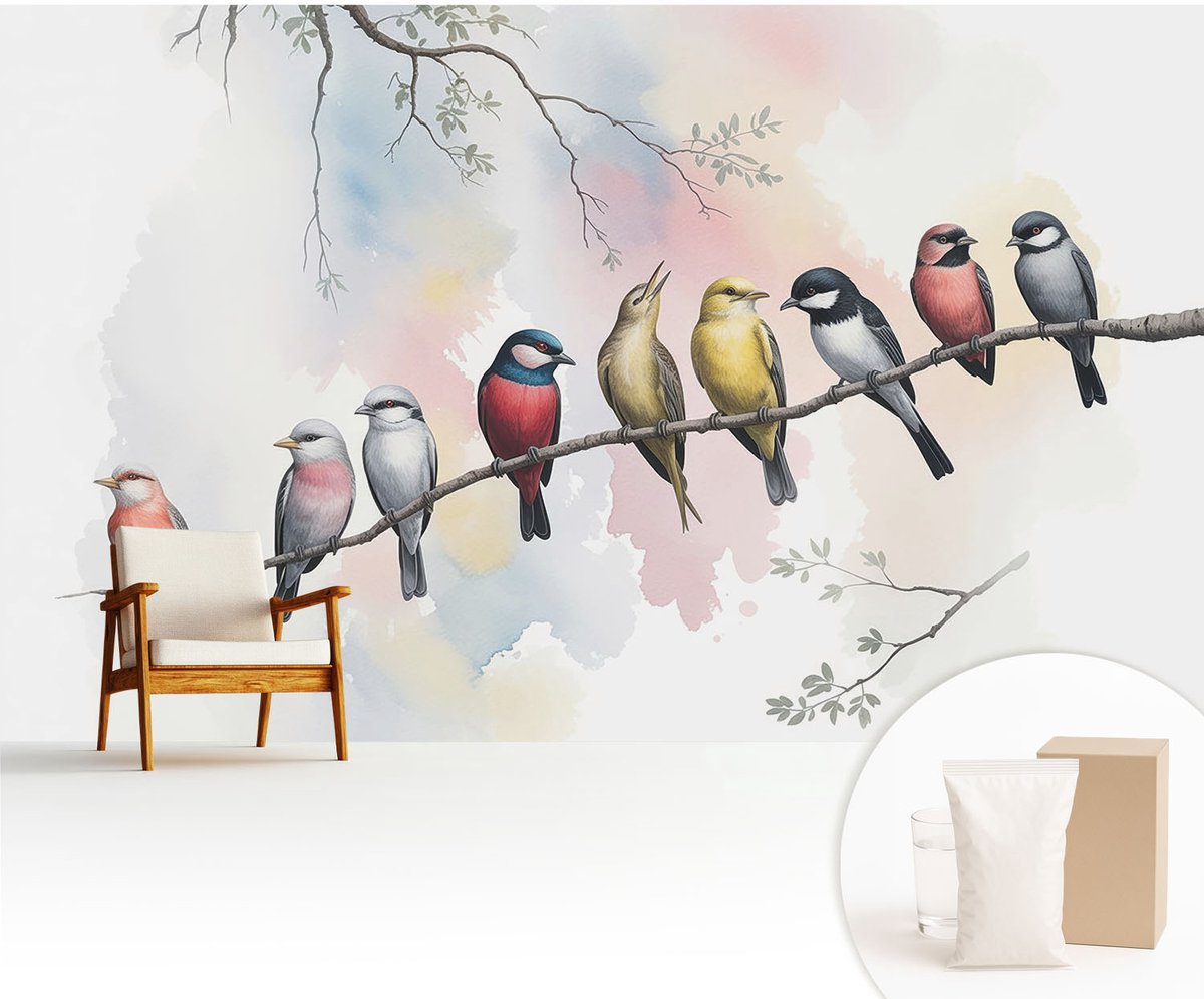 Wallfluent Fotobehang - Wit Vliesbehang - 416x254 cm - Vogels Op Een Tak Fotobehang Vlies - Woonkamer behang Bloemen En Planten - Muurschildering - Hal behang