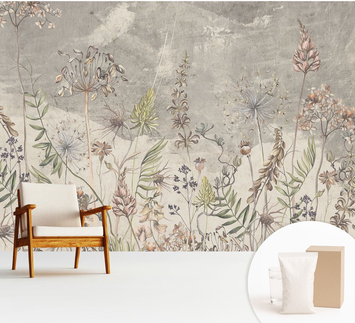 Wallfluent Fotobehang - Grijs Vliesbehang - 312x219 cm - Wilde Planten Muurschildering - Slaapkamer behang Bloemen En Planten - Fotobehang Vlies - Slaapkamer behang