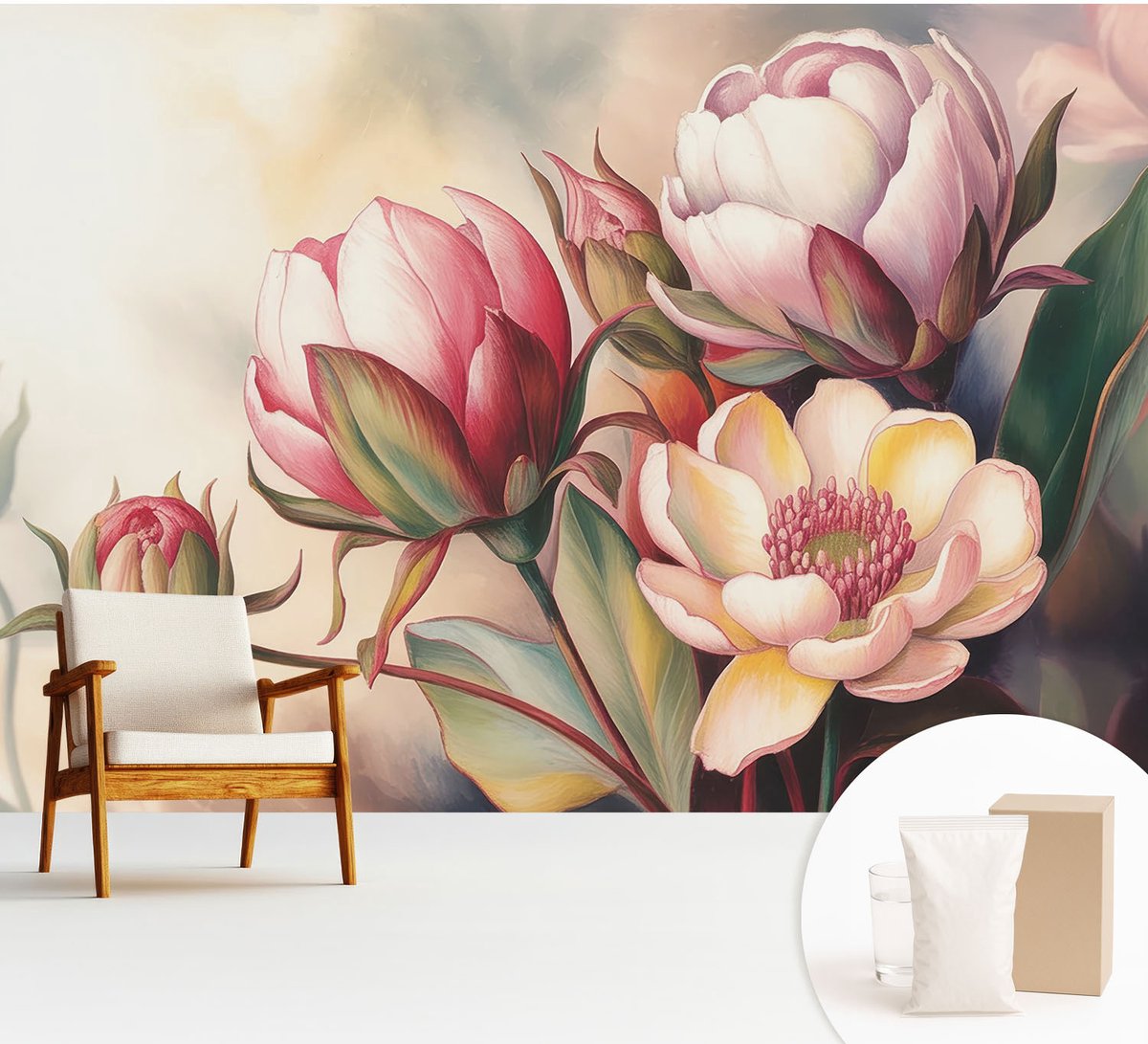 Wallfluent Fotobehang - Wit Vliesbehang - 312x219 cm - Een Boeket Bloemen Fotobehang Vlies - Woonkamer behang Bloemen En Planten - Muurschildering - Woonkamer behang
