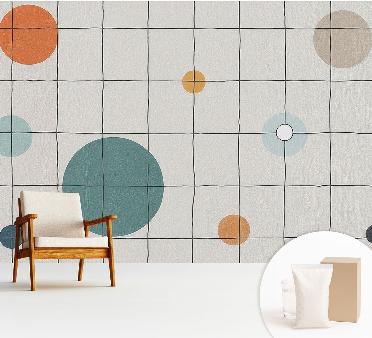 Wallfluent Fotobehang - Wit Vliesbehang - 312x219 cm - Gekleurde Cirkels Fotobehang Vlies - Woonkamer behang Abstractie - Muurschildering - Hal behang