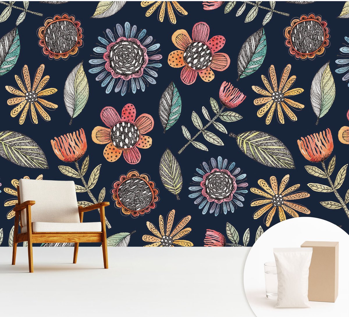 Wallfluent Fotobehang - Marine Vliesbehang - 312x219 cm - Bloemenmozaïek Muurschildering - Gang behang Bloemen En Planten - Fotobehang Vlies - Gang behang