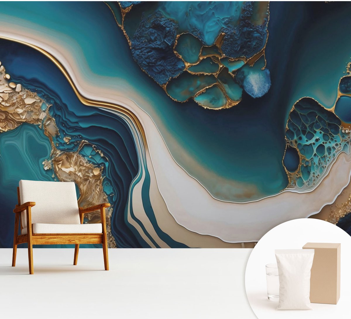 Wallfluent Fotobehang - Turkoois Vliesbehang - 312x219 cm - Kleurrijke Abstractie Fotobehang Vlies - Woonkamer behang Abstractie - Muurschildering - Woonkamer behang
