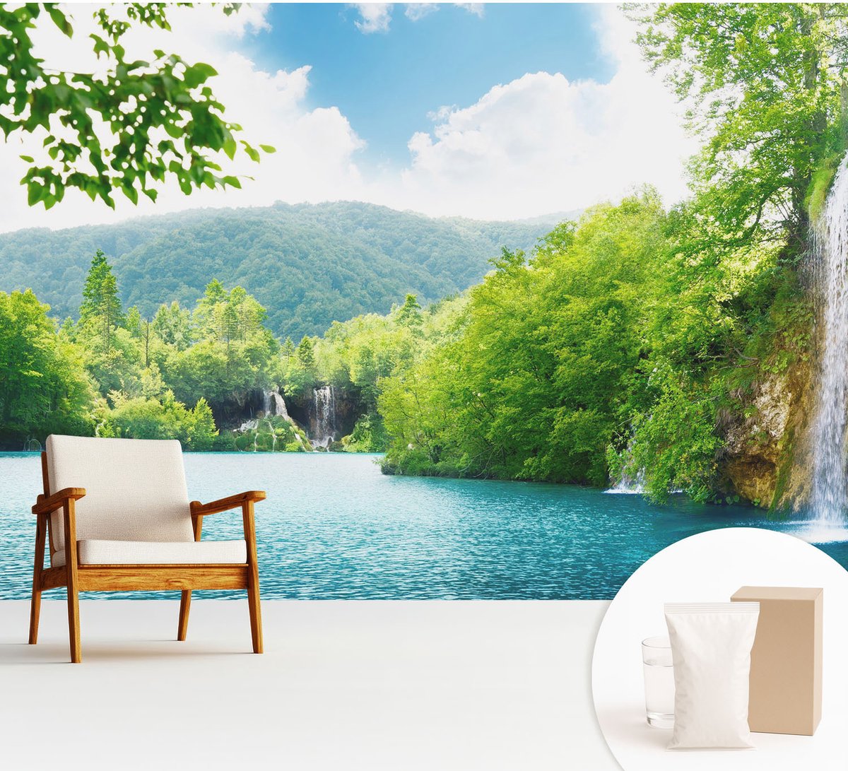 Wallfluent Fotobehang - Groente Vliesbehang - 312x219 cm - Natuurlijke Waterval Muurschildering - Gang behang Landschappen - Fotobehang Vlies - Slaapkamer behang