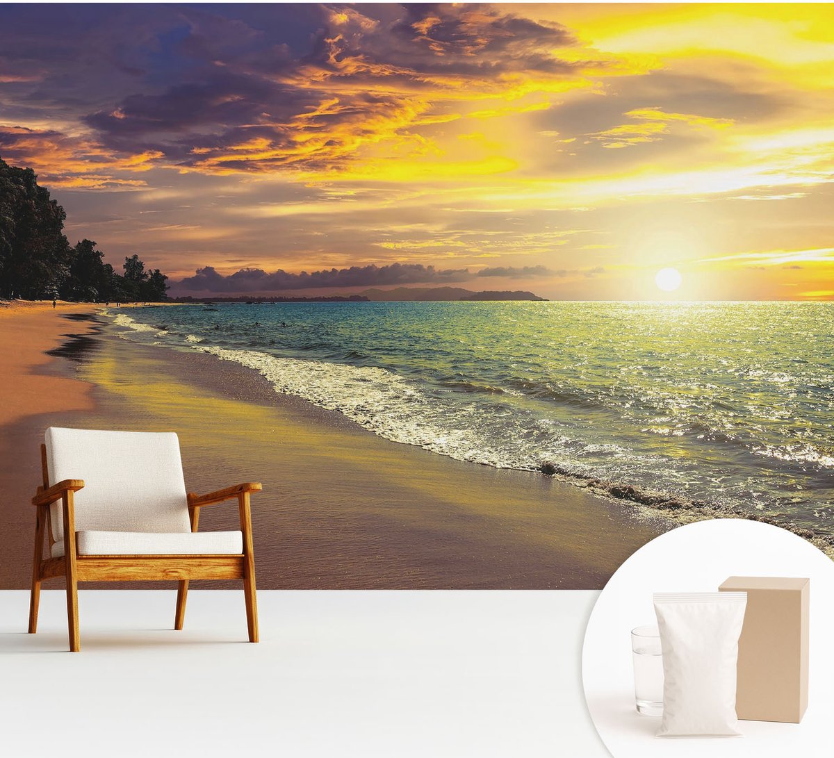 Wallfluent Fotobehang - Geel Vliesbehang - 312x219 cm - Strand Bij Zonsondergang Fotobehang Vlies - Hal behang Landschappen - Muurschildering - Hal behang