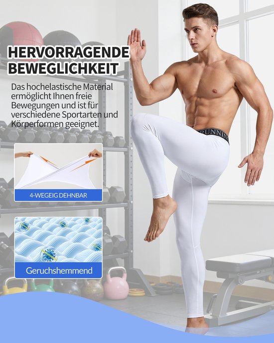 Man met witte sportlegging in een fitnessruimte, met nadruk op uitstekende bewegingsvrijheid.