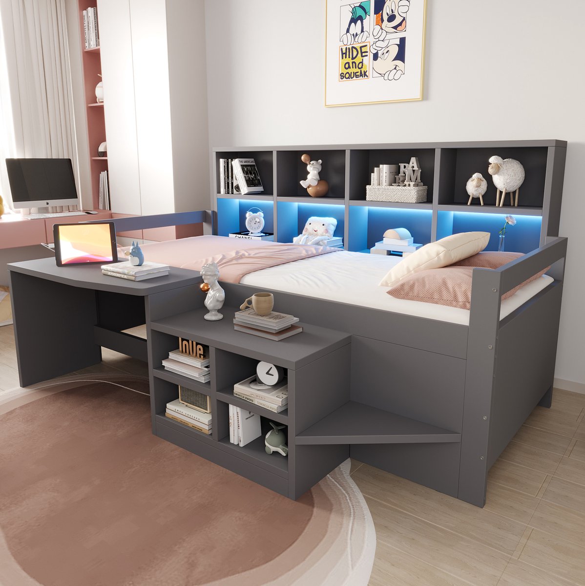 DESMIU Hoogslaper 90x200 cm – Kinderbed met Bureau, Ledverlichting en Oplaadpunten – Opbergruimte – Hout en MDF – Grijs – Zonder Matras