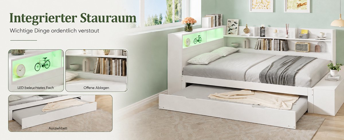 DESMIU Houten Bed 120 x 200 cm - Uitschuifbed 90 x 190 cm - Ledverlichting En Laadaansluiting - Zonder Matras - Wit