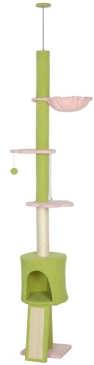 Kattenboom Vloer tot Plafond 220-240 cm – Met Kattenhuis, Hangmat, Krabhelling en Sisalpalen – Voor 1-2 Katten – Groen