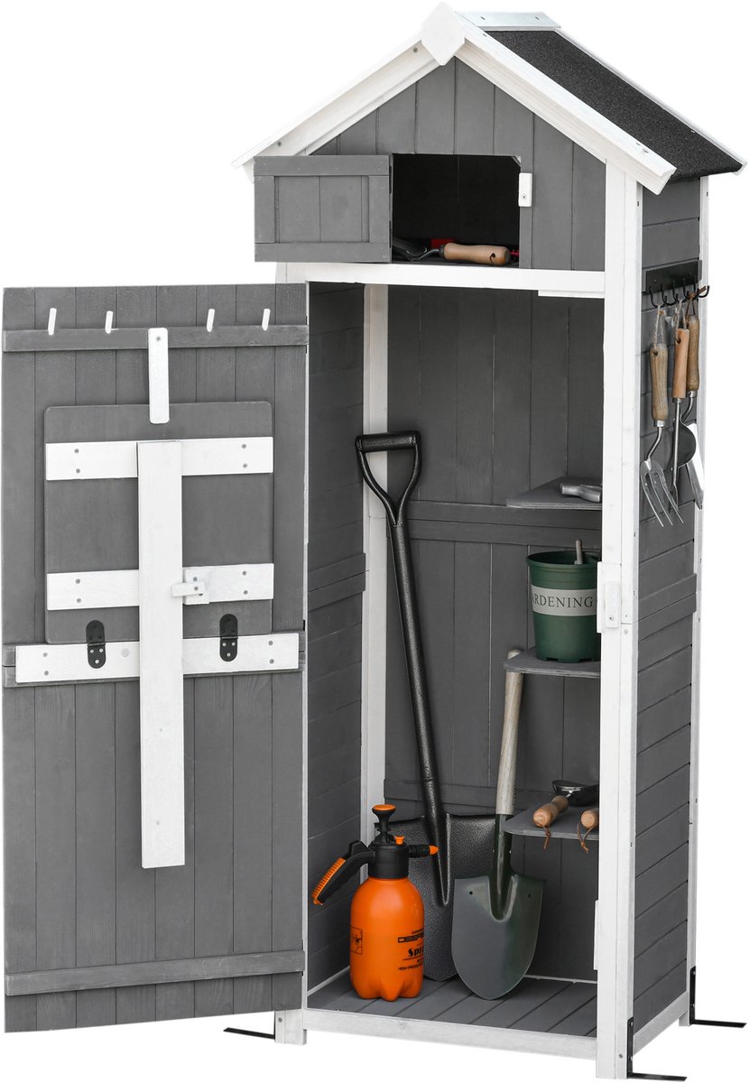 Tuinkast hout - Tuinkast - Opbergkasten met deuren - Tuinhuis - Tuinschuur - Schuur voor gereedschap - Grijs - 78 x 52,5 x 182 cm