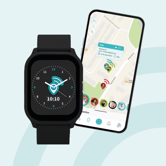 Zwart GPS horloge en smartphone. Horloge toont 10:10. Telefoon toont een kaart met locaties en profielen.