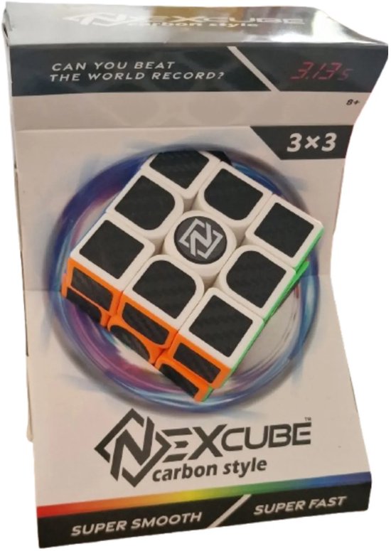 NexCube 3x3 carbon style puzzel dobbelsteen met witte, zwarte en oranje vlakken, in verpakking.