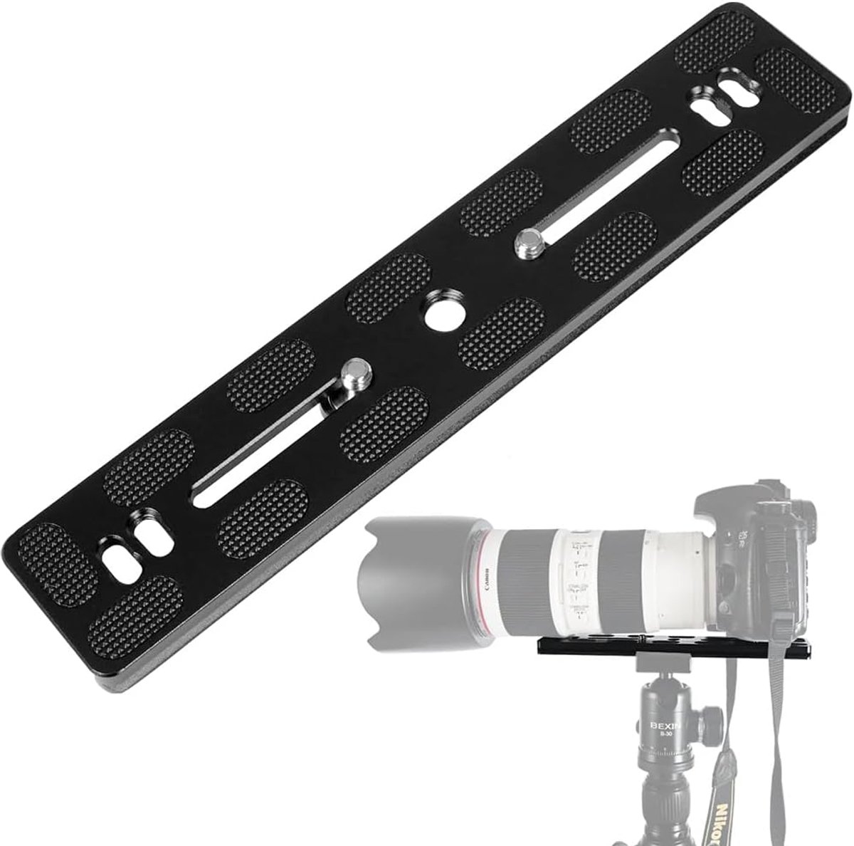 SnelShoppen - 200 mm Snelkoppelingsplaat, Aluminium Snelwisselplaatklem Compatibel met Arca Swiss Standaard, Kogelkop voor Camerastatief met 1/4 en 3/