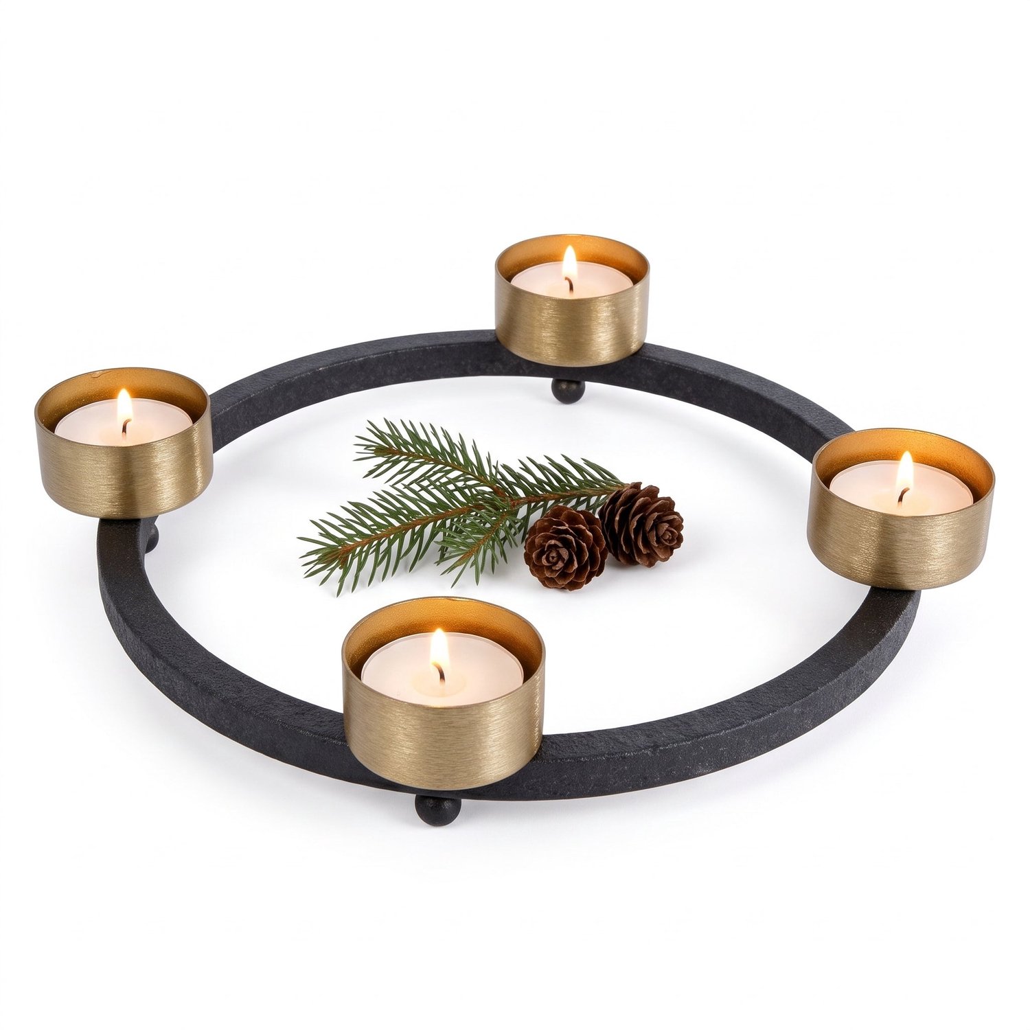 Cheqo® Theelichthouder Rond voor 4 Theelichtjes - Adventskrans Zwart Goud - Waxinelichthouder - Kaarsenhouder - Advent Kandelaar - Kerstdecoratie - Kaarsenstandaard - Tafelversiering - Herfstdecoratie - Kerstversiering - Sfeerverlichting Binnen