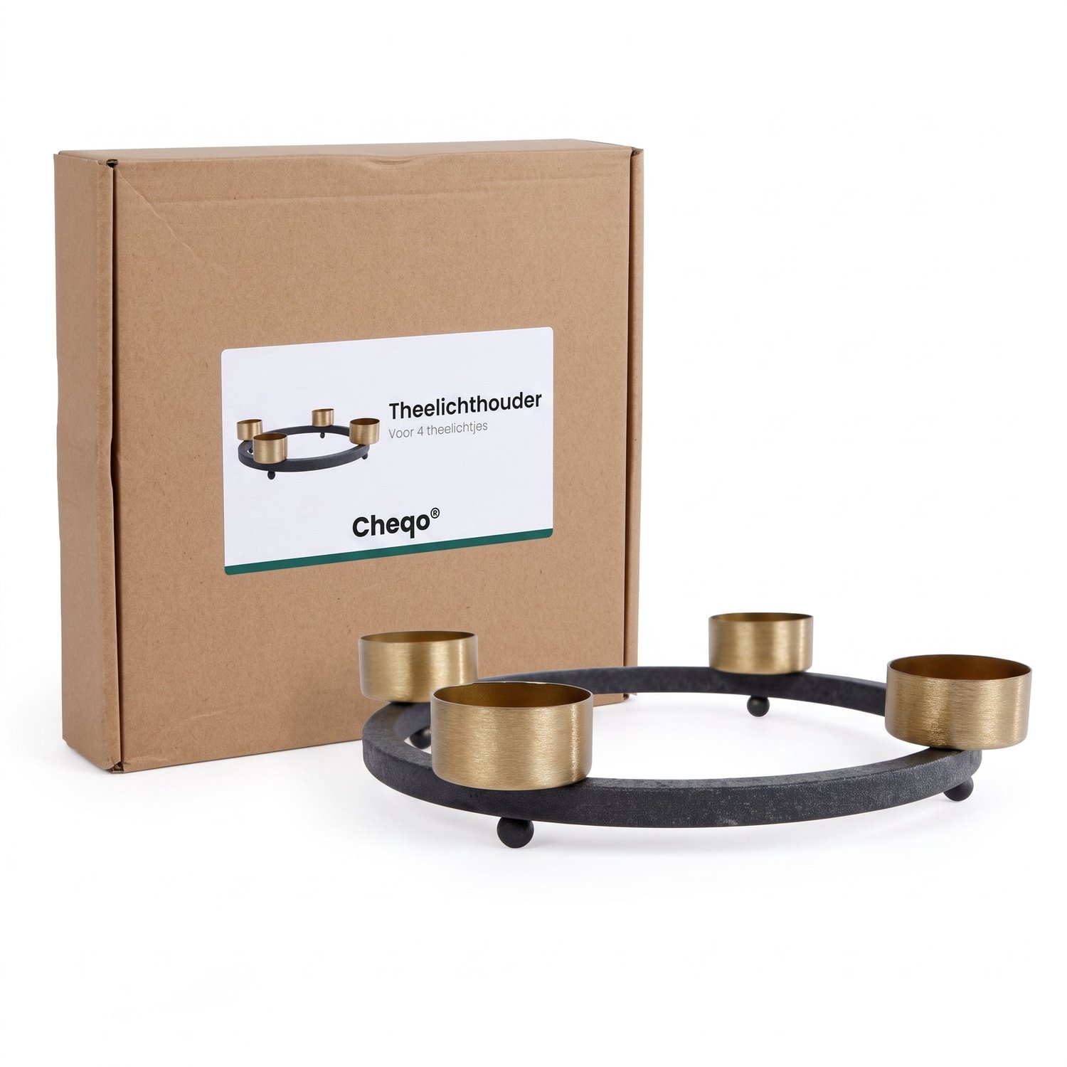 Cheqo® Theelichthouder Rond voor 4 Theelichtjes - Adventskrans Zwart Goud - Waxinelichthouder - Kaarsenhouder - Advent Kandelaar - Kerstdecoratie - Kaarsenstandaard - Tafelversiering - Herfstdecoratie - Kerstversiering - Sfeerverlichting Binnen – foto 5