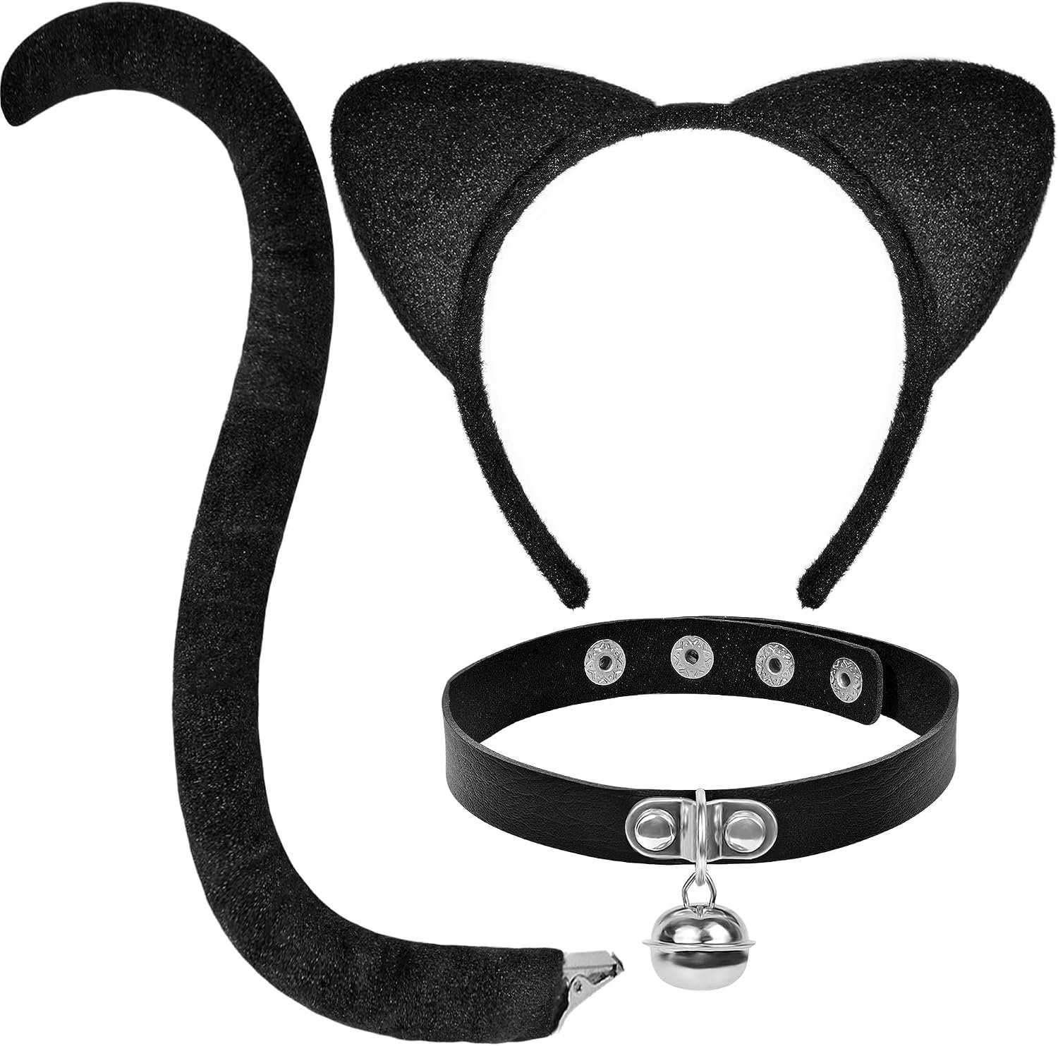 Kattenkostuum voor dames, 3-delige kattencosplay-set, haarband met kattenoren, halsketting met belletje, geschikt voor Halloween, carnaval, party, kostuumaccessoires
