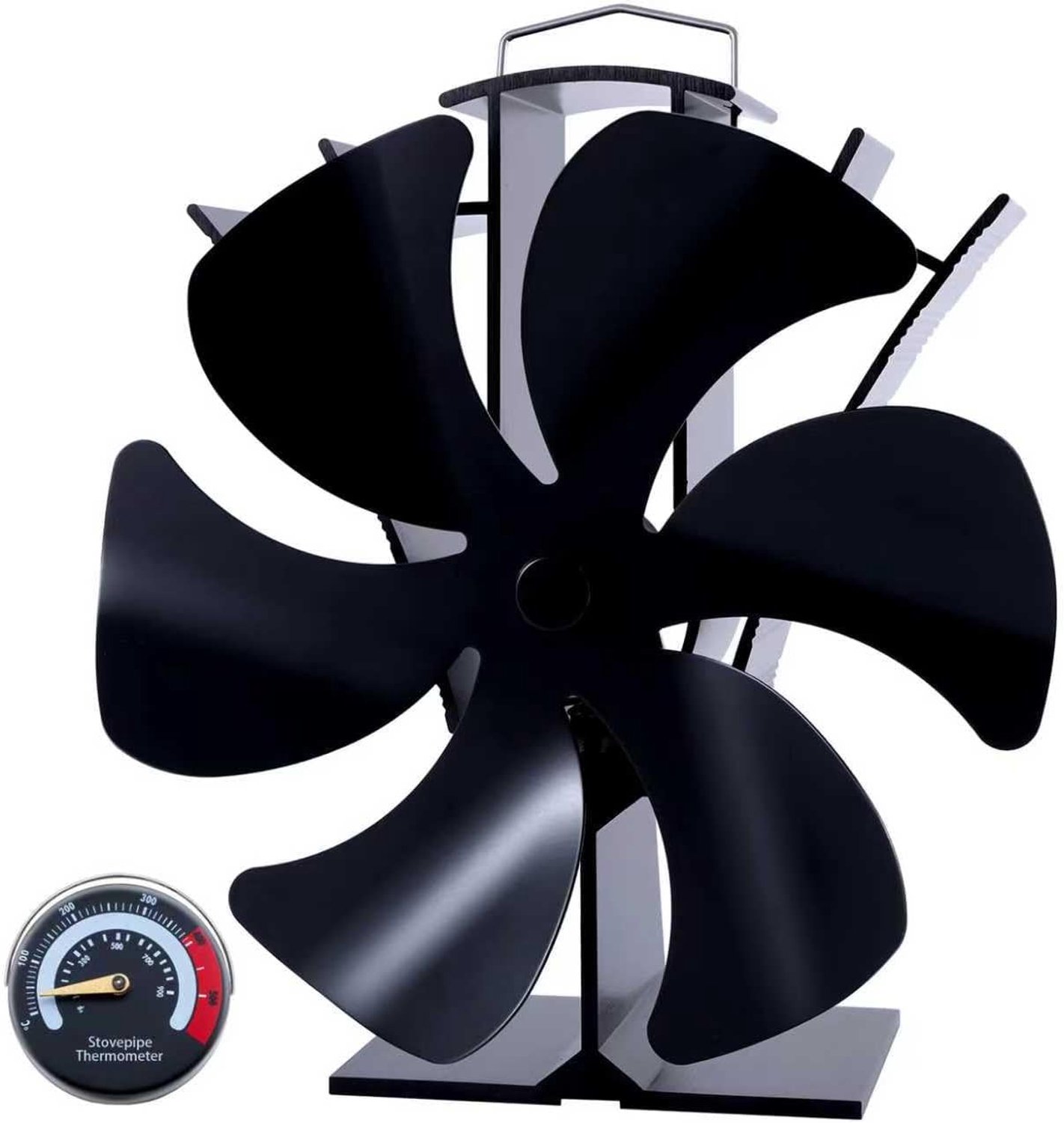 Houtkachelventilator, 6 messen met thermometer, houtgestookte warmteaangedreven brandventilatoren voor open haard/houtkachel/houtbrander