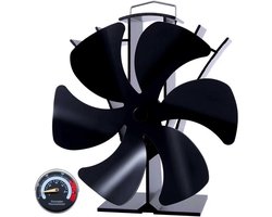 Houtkachelventilator, 6 messen met thermometer, houtgestookte warmteaangedreven brandventilatoren voor open haard/houtkachel/houtbrander