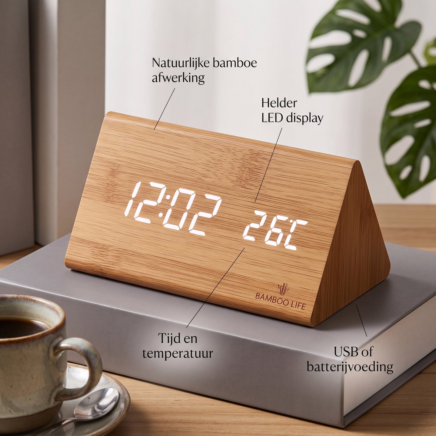 Digitale Wekker Houtlook met LED Display – Moderne Tafelklok met Temperatuur & Datum – 3 Alarmen & Weekendstand – Geluidloos – USB-C & Batterij Backup