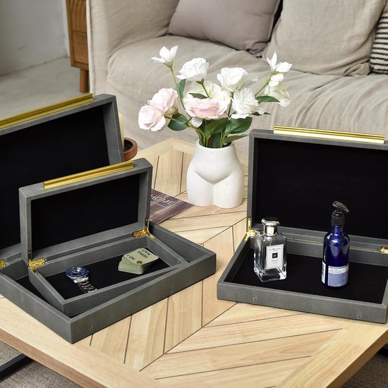 Faux Shagreen Lederen Decoratieve Sieraden Opslag Nesting Organizer Dozen met Deksels Gouden Handvat Set van 3, Grijs — afbeelding 4