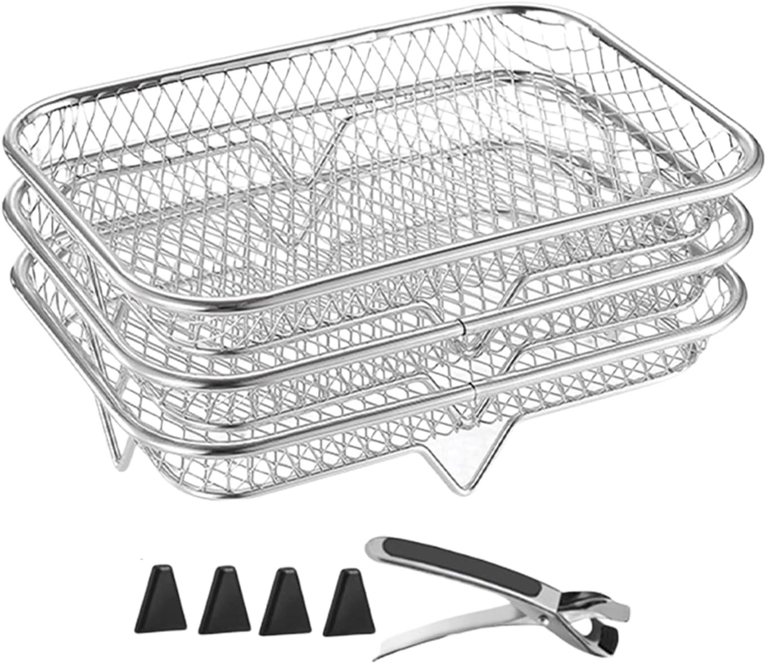 Rack - Airfryer Mand | Trays | Racks voor du-al lade | 3x stapelbare grillmand roestvrij staal | Keukenstandaard voor stoomoven | Inclusief grijperclip