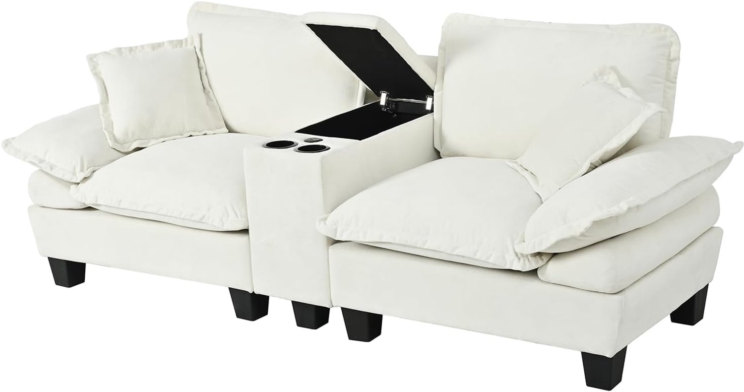 Modulaire, met chaise longue en opbergruimte, in chenille, met bekerhouders en USB, 2-zits, voor woonkamer en appartement, beige, 2-zits