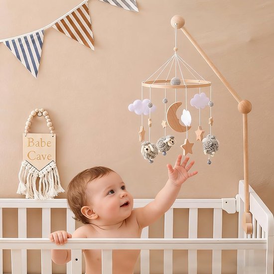 Mobiele babystandaard, wolken, in hoogte verstelbaar, houten houder voor baby's, voor het ophangen van windgongs en bedklokken (natuurlijke houtkleur) — afbeelding 4
