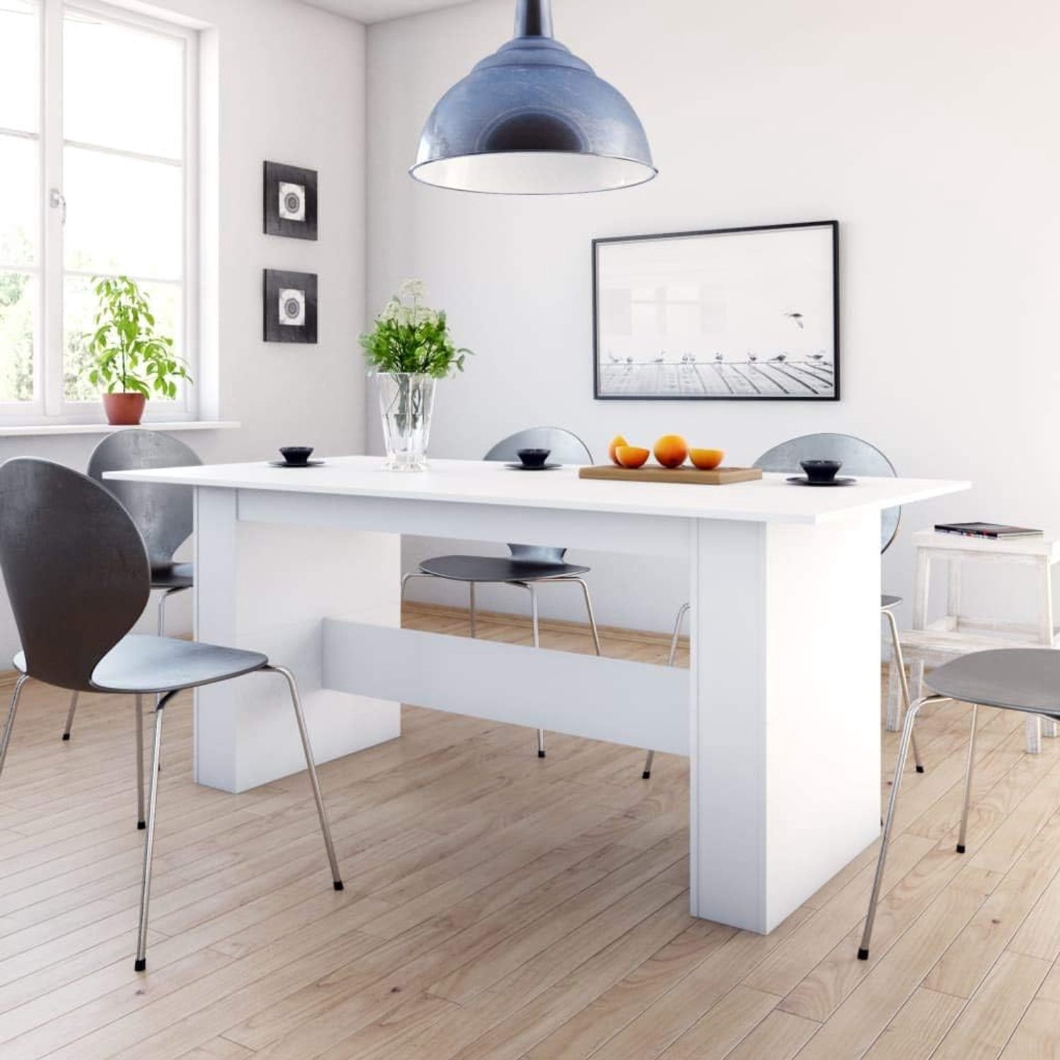Eettafel, wit, 180 x 90 x 76 cm, houtmateriaal met brede sokkel, tafel voor 6 personen en 3 verbonden bovenstukken