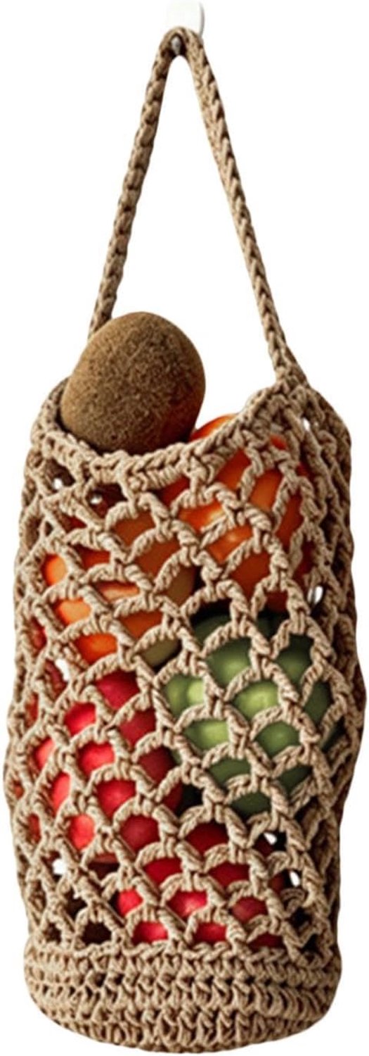 Boho-fruit- en groenteopslag, handgevlochten nettas voor het opbergen van producten, wandmand voor het organiseren van snacks, voor huis, rustiek, woning, woonkamer, slaapkamer, balkon, lavendel