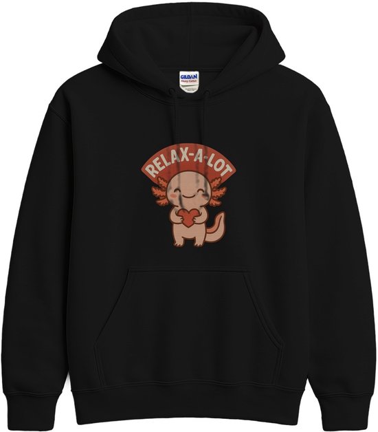 Zwarte unisex hoodie met een schattige axolotl-illustratie die een hartje vasthoudt en de tekst RELAX-A-LOT.
