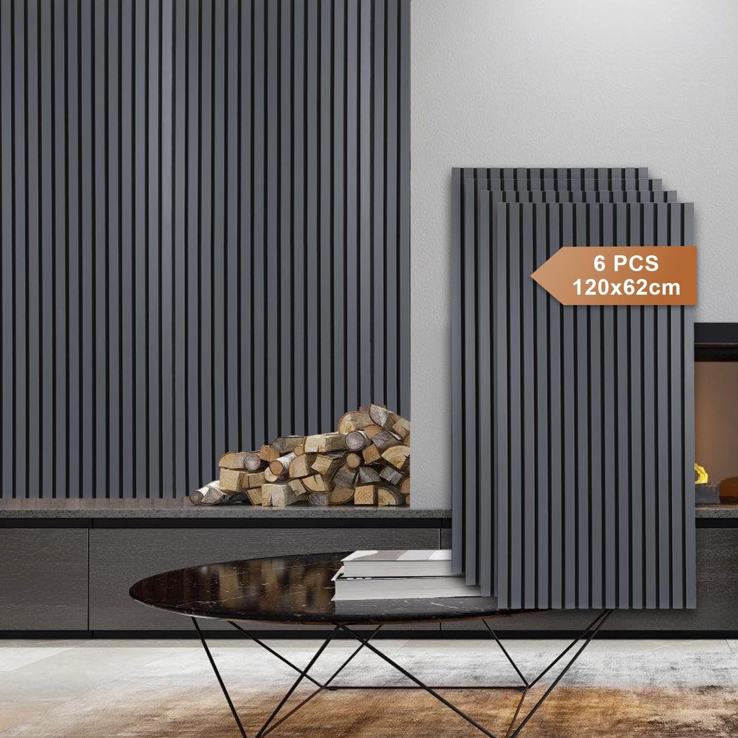 Akoestische panelen, hout, 120 x 60 cm, wandpanelen van houtfineer en vilt, grijs, wandbekleding van hout voor studio en thuis, binnenwanddecoratie, grote afdekking, 6 stuks