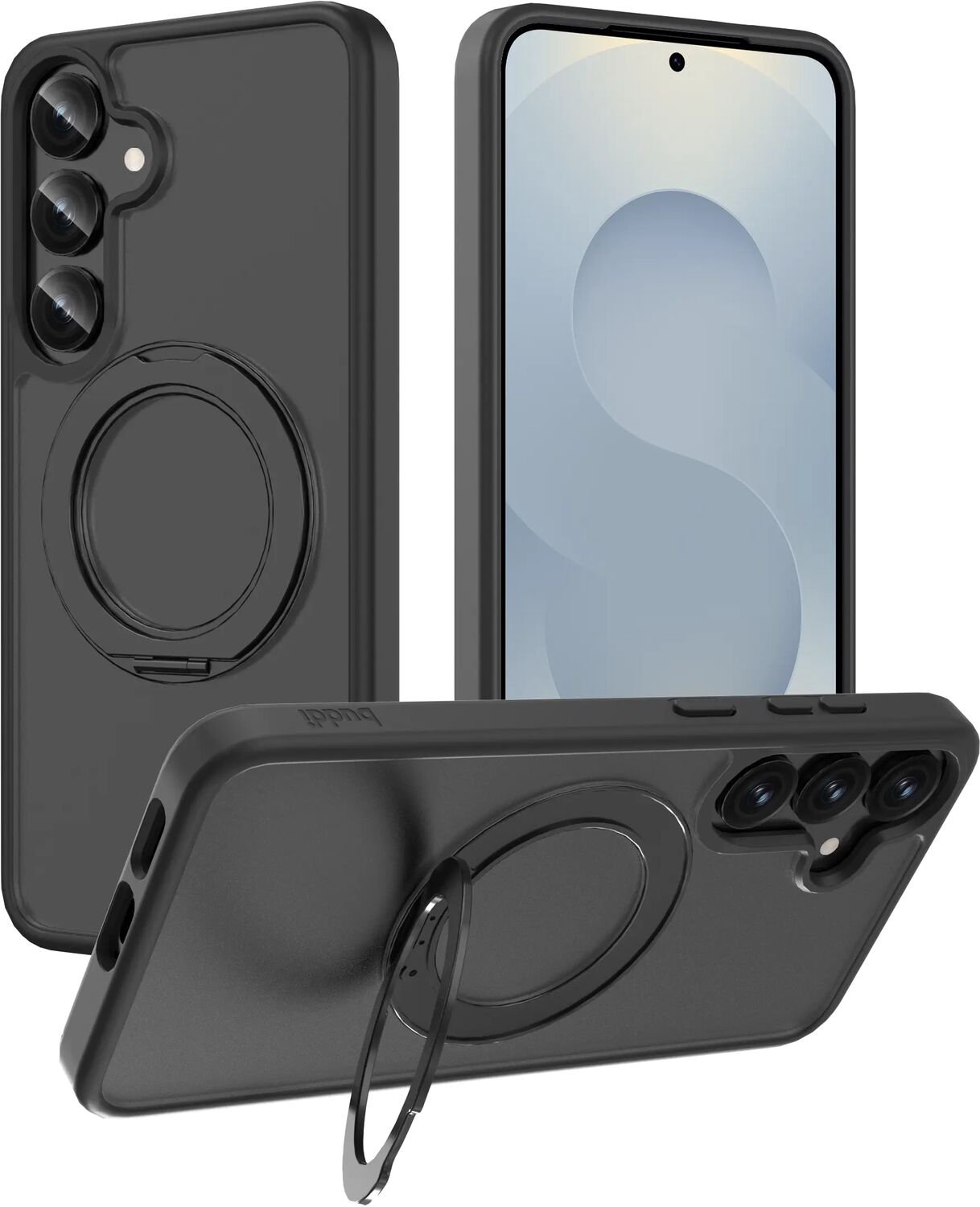 Buddi Frost Hoesje Geschikt voor Samsung Galaxy S25 Plus / S24 Plus - Mat Zwart - Met Ring Stand - MagSafe Back Cover - Matchende kleur - Met 360° Draaibare Standaard - Shockproof - Slank