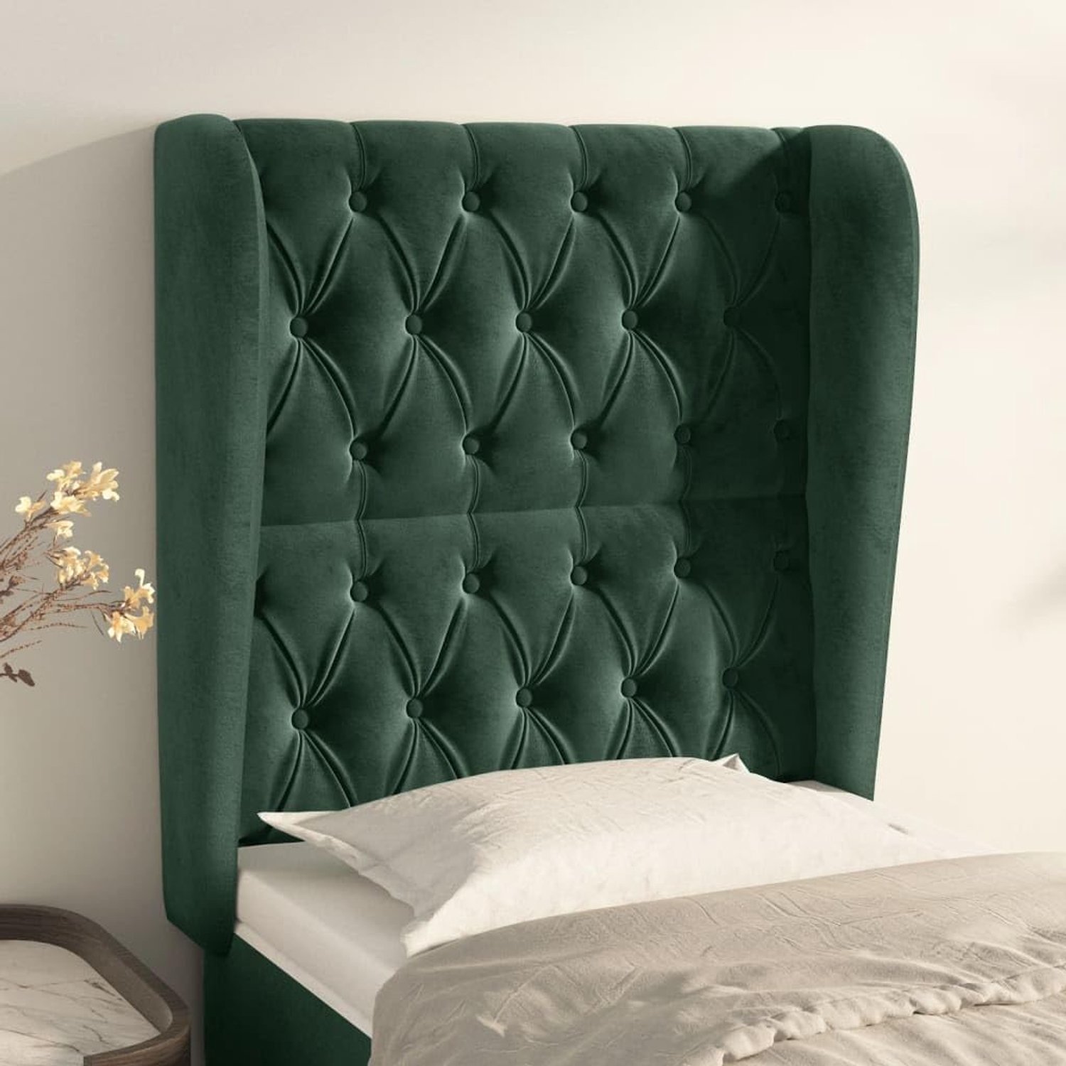 Hoofdbord met oren, donkergroen, 83 x 23 x 118/128 cm, fluweel, hoofdeinde voor de slaapkamer, hotel, hoofdeinde, werkkamer, voor slaapkamer, tweede slaapkamer, hotel