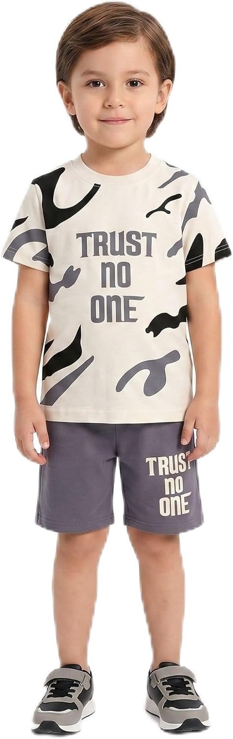 Set voor jongens, zomer, ouders, met bedrukt T-shirt en blauwe shorts, casual outfit voor kinderen, korte mouwen, voor vakantie