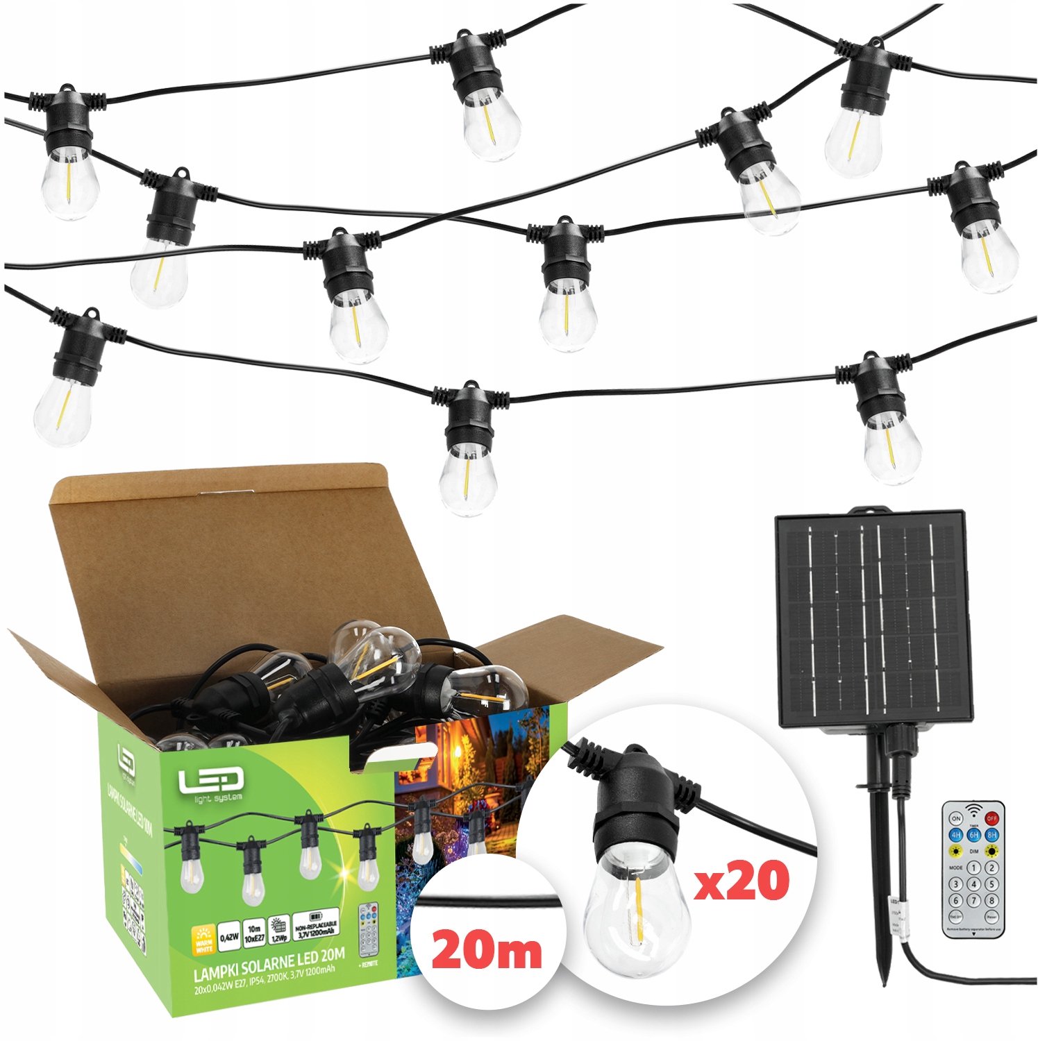 Solar LED Tuinslinger 10m 20x E27 Lampen met Afstandsbediening