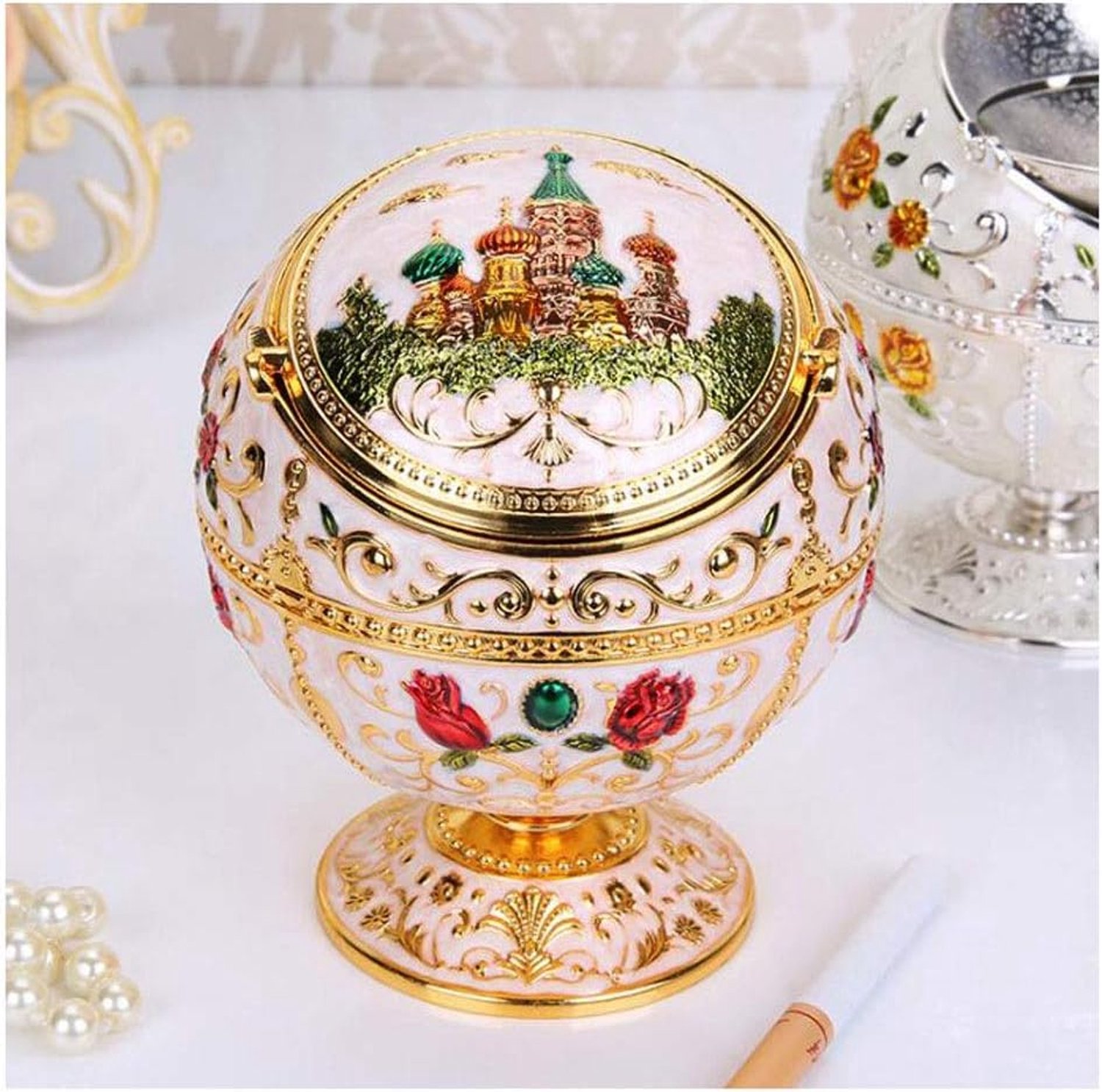 Asbak In reliëf Flower and Castle Creative Vintage Portable Ash Holder Buiten Thuis Indoor Office Metal Ash Tray (Color : Gold)