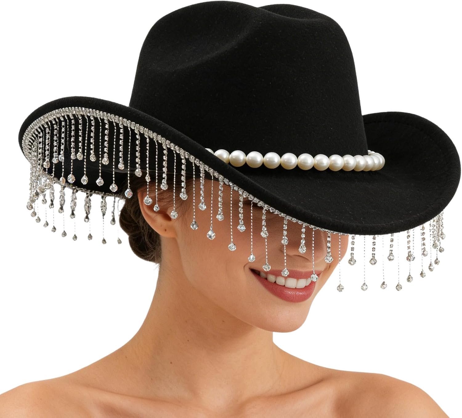 Cowboyhoed voor heren, extravagant hoofddeksel met brede rand, westernhoeden voor heren met strass-kwastjes, voor bruiloften, vakantiefeesten, cosplay, fotoshoots en voor volwassenen en meisjes