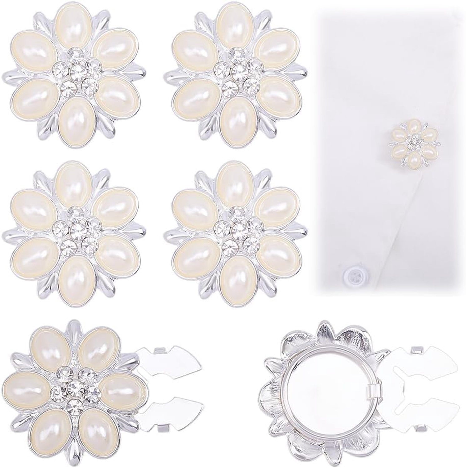 6 stuks kunstparels met strass-steentjes van parels en bloemen, clip-on knopen voor blouse en overhemd, naadloos, manchetknopen, kledingaccessoires