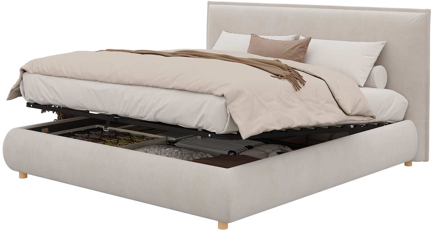 Merax Gestoffeerd Bed 160 x 200 cm - Creme - Fluweel - Bed met Opbergruimte - Hydraulisch Liftsysteem - Houten Lattenbodem - Gestoffeerd Hoofdbord - Massief Houten Poten Beige